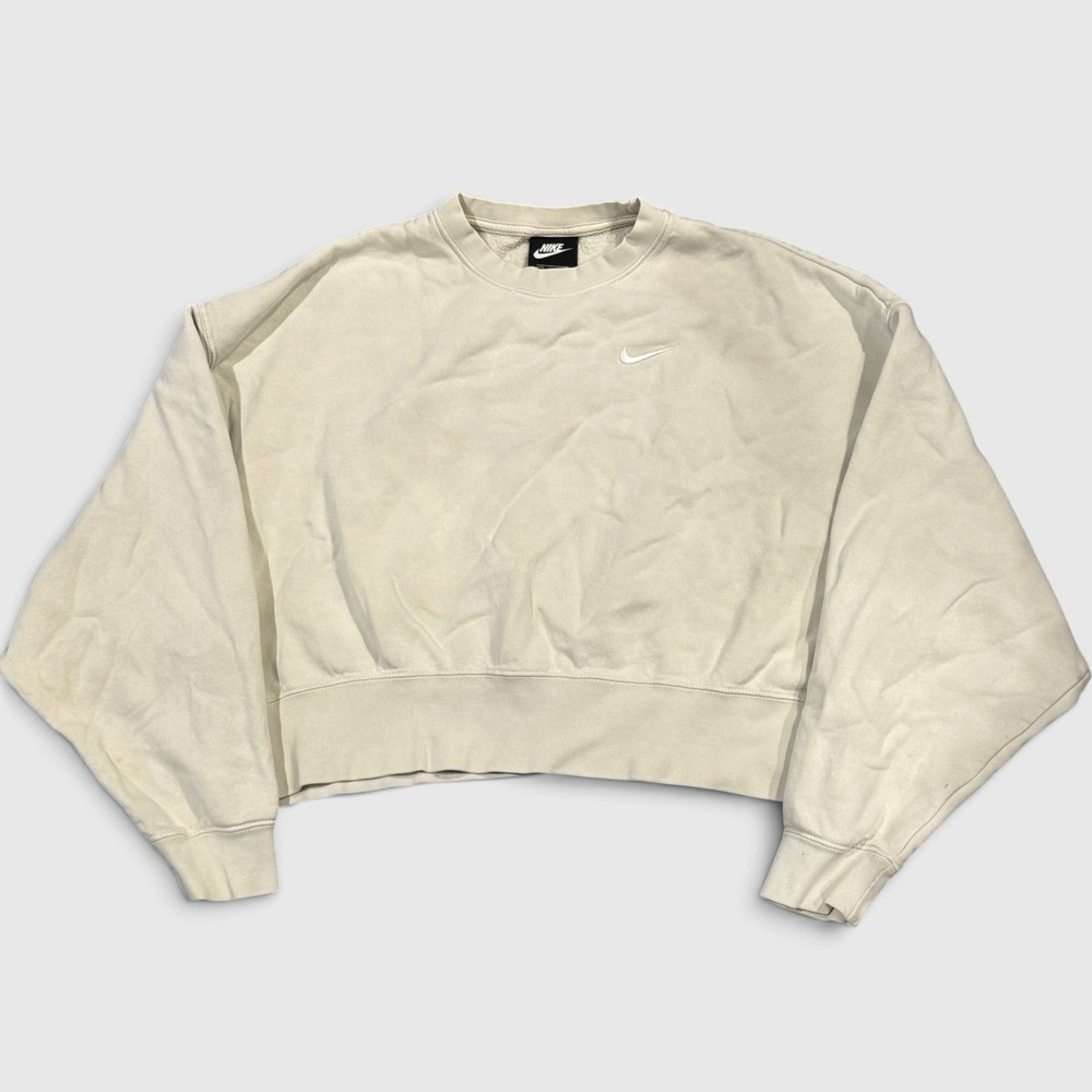 Nike Cropped Sweatshirt XS Cream Oatmeal Fleece Mini Swoosh Clean Girl Boxy Chic